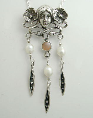 Sterling Silver Woman Maiden of the Garden Necklace With Peach Moonstone And Cultured Freshwater Pearl